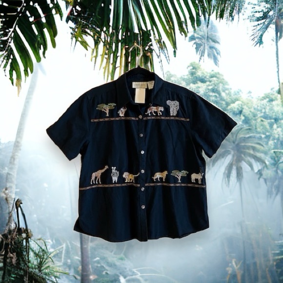 Lemon Grass Vintage Black Shirt w/Safari Animal Embroidery - Picture 1 of 12